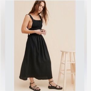 SANCIA Mirela Linen Strappy Back Smocked Apron Maxi Dress Black Bodice Womens